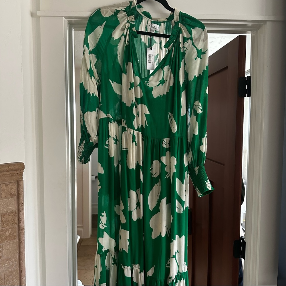 Velvet “Luella” Green and White Ruched Tie Front Sundress